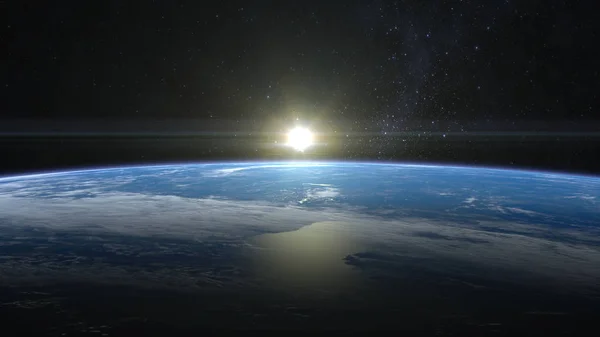 Nascer do sol sobre a terra. O sol acima do horizonte da terra. Atmosfera realista. Volumétricas nuvens. Vista do espaço. Céu estrelado. renderização 3D. NASA. — Fotografia de Stock