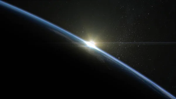 Wschód słońca nad ziemią. Na horyzoncie pojawia się słońce. Horyzont ziemi jest włączone w prawo. Widok z miejsca. renderowania 3D. NASA. — Zdjęcie stockowe