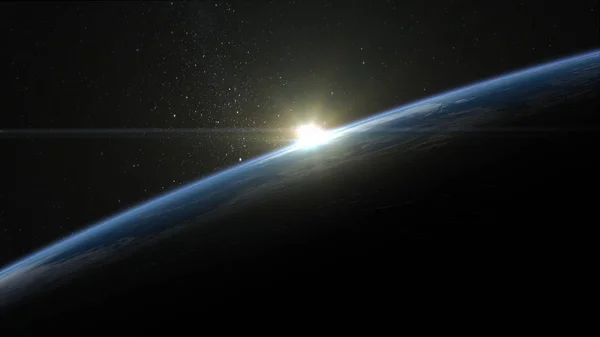 Sunrise over the Earth. The sun appears on the horizon. The horizon of the Earth is turned to the left. View from space. 3D rendering. Nasa. — Stock Photo, Image