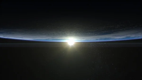 Zonsopgang boven de aarde. De zon verschijnt op de horizon. De aarde van bovenaf. Uitzicht vanaf de ruimte. 3D-rendering. NASA. — Stockfoto