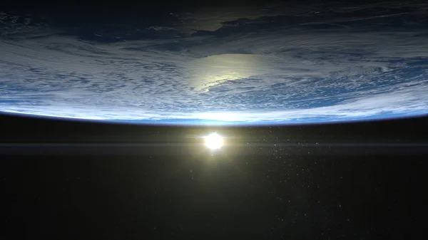 Sunrise over the Earth. The sun above the horizon of the Earth. The earth from above. Realistic atmosphere. Volumetric clouds. View from space. 3D rendering. Nasa.