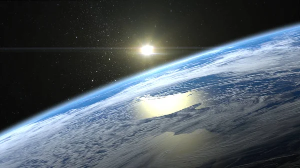日出在地球上。太阳在地球的地平线上。地球的地平线向左拐。现实的气氛。体积云。从空间查看。3d 渲染。美国. — 图库照片