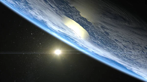 日出在地球上。太阳在地球的地平线上。地球的地平线向右转。现实的气氛。体积云。从空间查看。3d 渲染。美国. — 图库照片