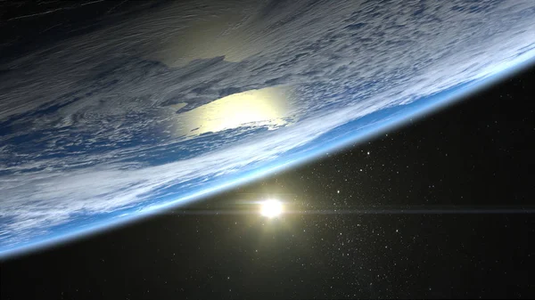 Dünya üzerinde güneş doğuyor. Güneşin dünyanın ufku yukarıda. Ufuk dünyanın en üstünde sola döndü. Gerçekçi atmosfer. Hacimsel bulutlar. Uzaydan görüntüleyin. 3D render. NASA. — Stok fotoğraf
