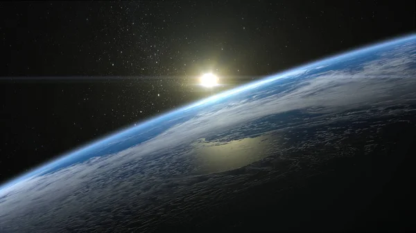 Ανατολή του ηλίου πάνω από τη γη. Ο ήλιος ελαφρώς πάνω από τον ορίζοντα. Ο ορίζοντας της γης είναι στραμμένη προς τα αριστερά. Θέα από το διάστημα. 3D rendering. NASA. Εικόνα Αρχείου
