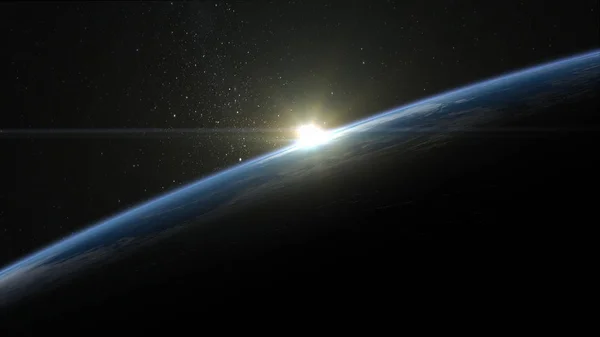 Wschód słońca nad ziemią. Na horyzoncie pojawia się słońce. Horyzont ziemi jest włączona w lewo. Widok z miejsca. renderowania 3D. NASA. Obraz Stockowy