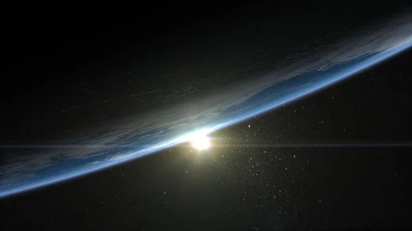 Wschód słońca nad ziemią. Na horyzoncie pojawia się słońce. Horyzont ziemi skręcił w lewo na górze. Widok z miejsca. renderowania 3D. NASA. Zdjęcie Stockowe