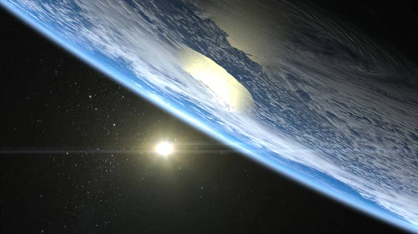 Salida del sol sobre la tierra. El sol sobre el horizonte de la tierra. El horizonte de la tierra vuelta derecha arriba. Atmósfera realista. Nubes volumétricas. Vista desde el espacio. Render 3D. NASA. Imagen De Stock