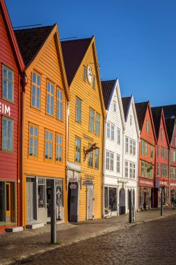 Bergen, Norveç - Kasım 2019. Bryggen evlerinin cepheleri - Birler