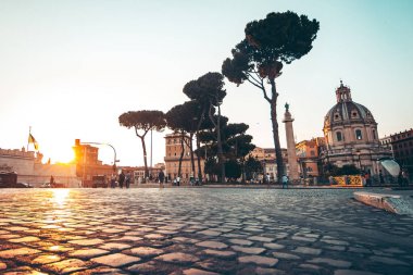 Uzun boylu ağaçlar ve ancint binalar ile Roma'nın tipik bir manzara