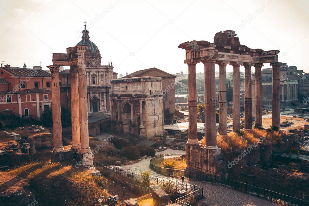 The Roman Forum ancient ruins in sunlight, Rome, Italy
