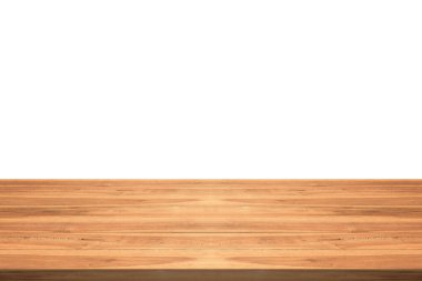 Boş teak ahşap masa beyaz arka planda, yer üstü ürün montaj