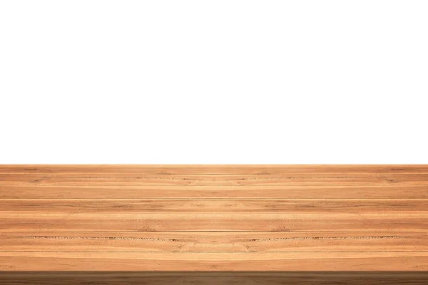Boş teak ahşap masa beyaz arka planda, yer üstü ürün montaj