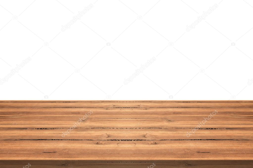 Empty teak wood table top on white background