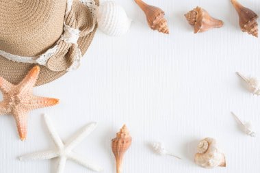 Bir şapka ve kabuk, en iyi görünüm ve kopya alanı ile beyaz ahşap masa