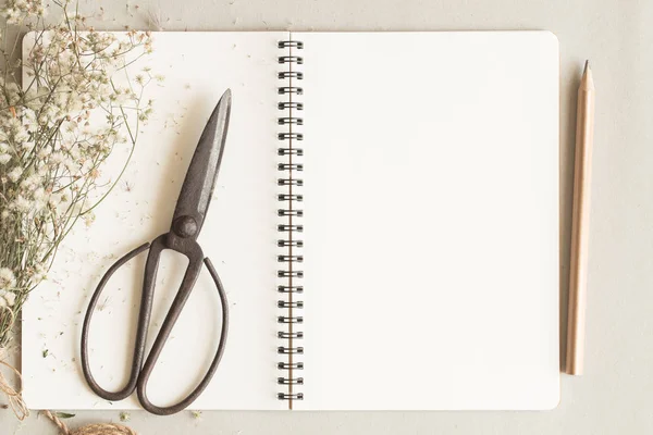 top view of open book with pencil,flat lay image of workplace with empty notebook