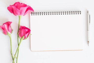 Boş defter ile pembe güller ve beyaz arka planda, düz kalem fotoğraf defter yatıyordu