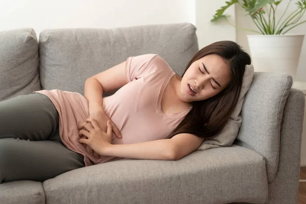 Asian Women Menstrual Pain Abdomen Face Expression Asia Woman Having — Stock Photo, Image