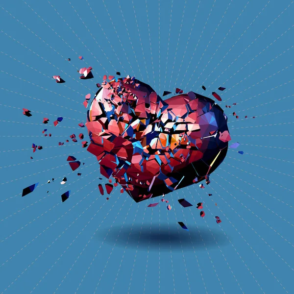 Rotes polygonales gebrochenes Herz auf blauem Bg — Stockvektor