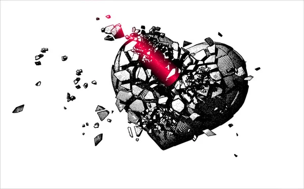 Einfarbige Gravur gebrochenes Herz Illustration — Stockvektor