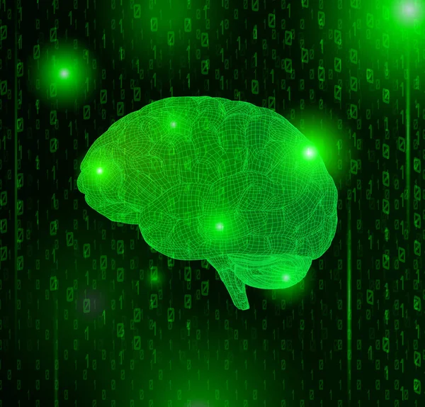 Cervello a wireframe verde con testo numerico binario BG — Vettoriale Stock