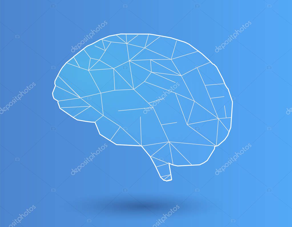 Simply stylized polygonal brain with white line on blue background