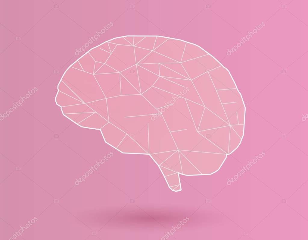 Simply stylized polygonal brain with white line on pink background