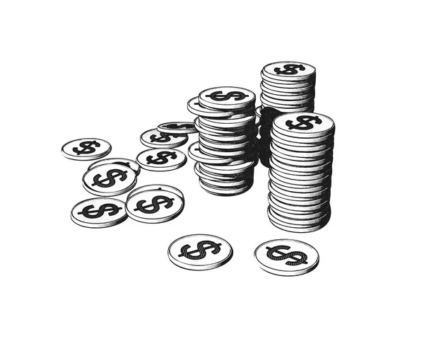 Conjunto de estacas de moedas gravadas isoladas em BG branco — Vetor de Stock