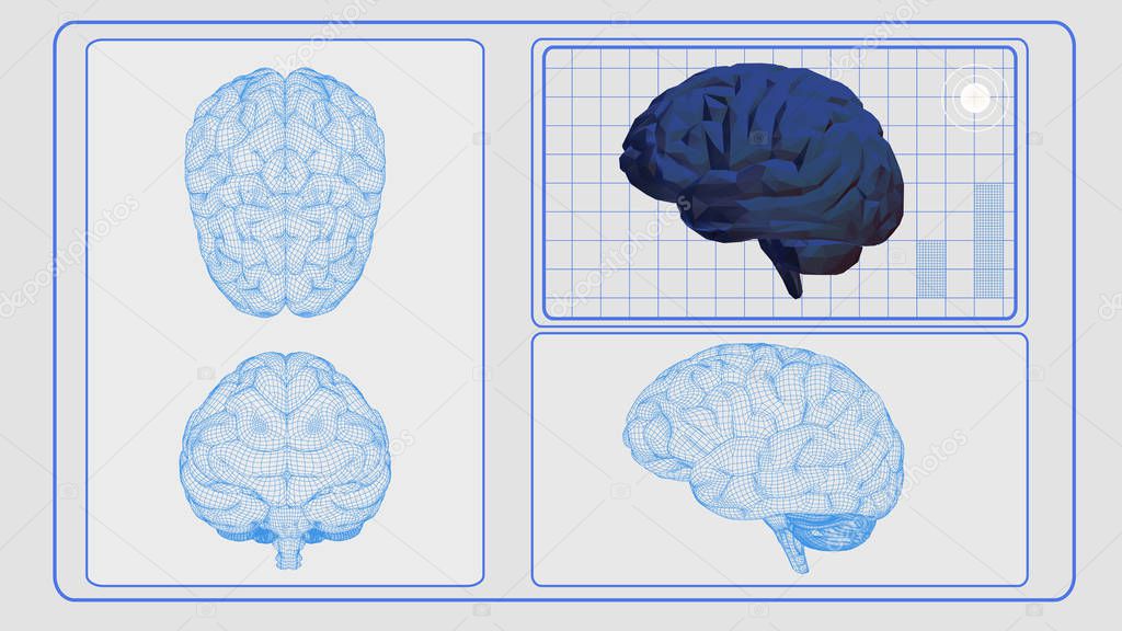 3D brain analysis interface screen on white BG