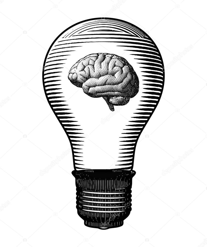 Engraved Light bulb with brain inside illustration