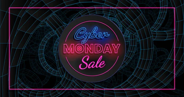 Cyber Maandag verkoop neon tekst met blauw en zwart abstracte 3d draad — Stockvector