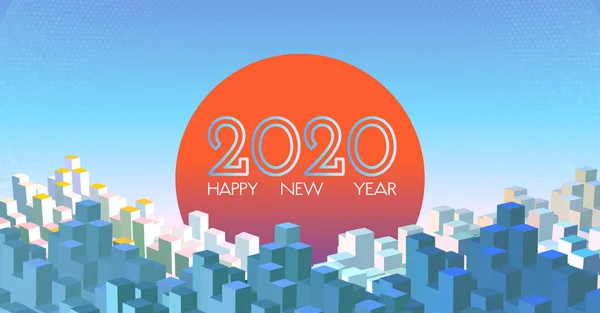 Felice anno nuovo 2020 celebrazione sul backgroun vettore città alba — Vettoriale Stock
