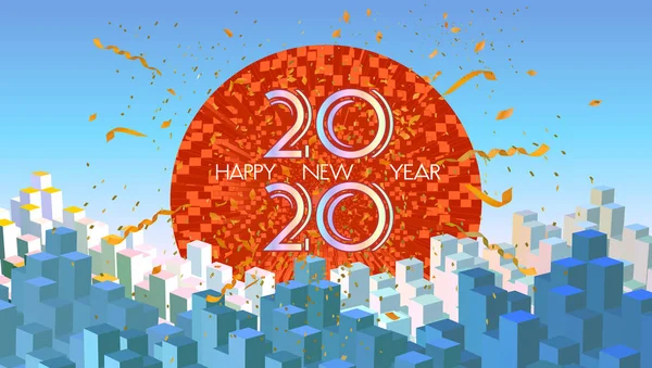 Felice anno nuovo 2020 celebrazione sul backgroun vettore città alba — Vettoriale Stock