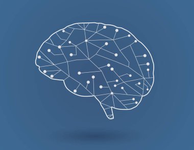 Koyu mavi arka planda birbirine bağlı noktalar ile basitçe biçimlendirilmiş beyin simgesi