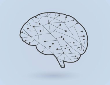 Açık mavi arkaplanda birbirine bağlı noktalar ile basitçe biçimlendirilmiş beyin simgesi