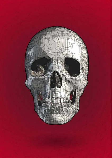 赤のスタイルの背景にペンとインクのスタイルを持つ多角形の頭蓋骨の描画 — ストックベクタ