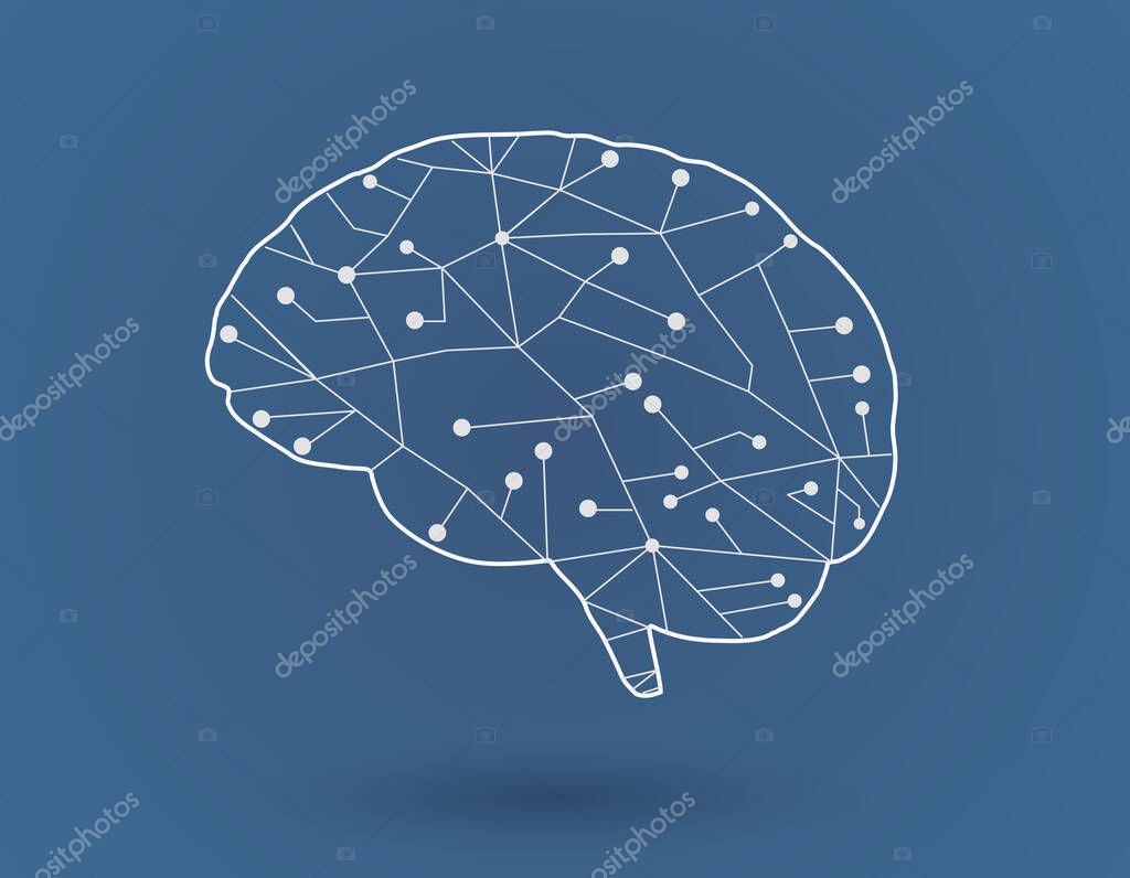 Simply stylized brain icon with connected dots on dark blue background