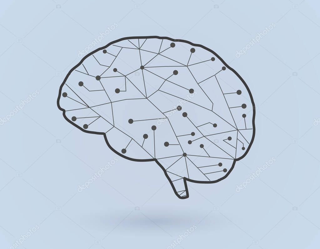 Simply stylized brain icon with connected dots on light blue background