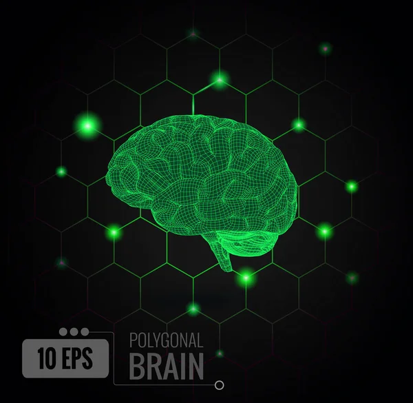 Vector Wireframe Polygonal Green Brain Graphic Illustration Side View Glühend — Stockvektor