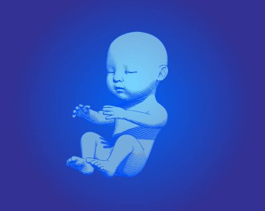 Işıldayan mavi insan fetüsü bebek oyması koyu mavi arka planda izole edilmiş.