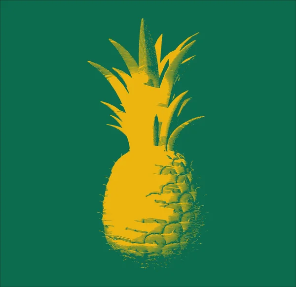 绿色背景下孤立的黄色雕刻菠萝插图 — 图库矢量图片