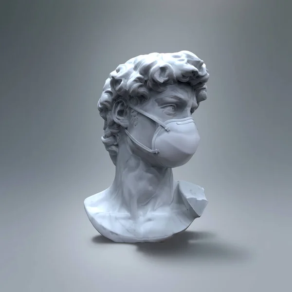 Gri arkaplan üzerinde izole edilmiş N95 maske görsel konsepti olan Michelangelo heykeli David 'in 3D çizimi