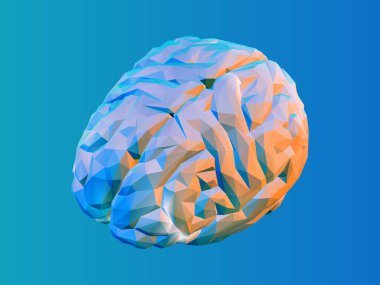 Renkli turuncu ve mor ışıklandırma düşük poli beyin vektör çizimi perspektif üst görünüm mavi arkaplan izole