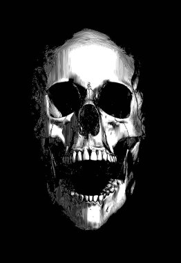 Monokrom siyah vintage oymalı korkunç insan kafatası açık çene çığlık önde görünüm grunge vektör ilüstrasyonu koyu arkaplan izole