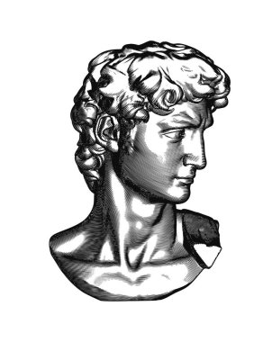 Monokrom vintage oymalı büst ve David Michelangelo sanat heykeli başkanı beyaz arka planda izole edilmiş yüz vektör çizimi