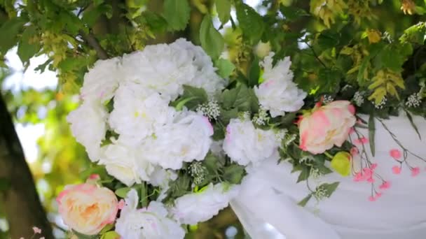 Een boom versierd met bloemen en witte ballonnen — Stockvideo