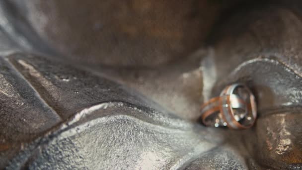 Anéis de casamento jazem em um vaso de metal — Vídeo de Stock