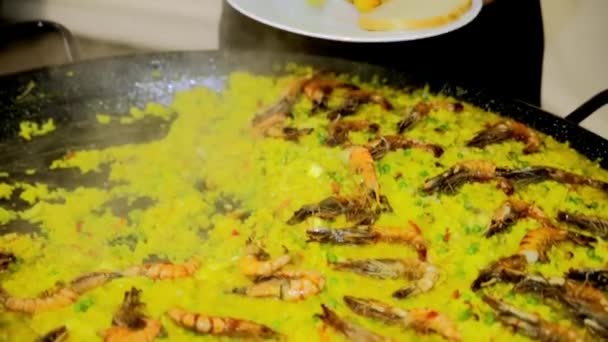 Cuisinier met paella aux crevettes et écrevisses — Video