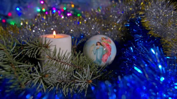 Christmas composition with candle and lights — Stock Video