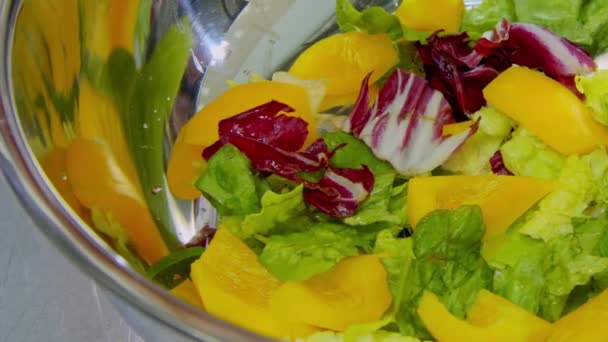 Помидоры добавлены в салат — стоковое видео